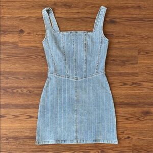 Lucky & Blessed Light Blue Striped Denim Square-Neck Mini Dress